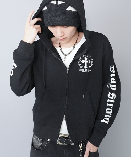 短丈ダブルジップパーカー/クロスロゴ/カモフラージュ/ショート丈