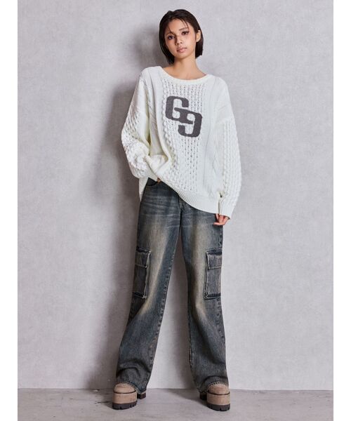 GYDA（ジェイダ）の「GGサガラ刺繍ケーブルニットトップス（ニット/セーター・レディース・ピンク/グレー/オフホワイト/ブラック・FREE）」の5枚目の写真