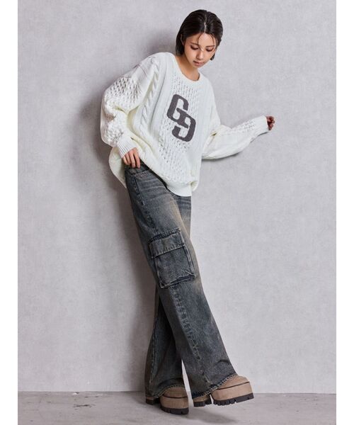 GYDA（ジェイダ）の「GGサガラ刺繍ケーブルニットトップス（ニット/セーター・レディース・ピンク/グレー/オフホワイト/ブラック・FREE）」の6枚目の写真