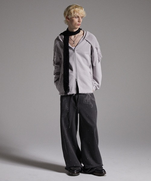 GRANCY ラインストーンデザインレイヤードスウェットパンツ ブラックS