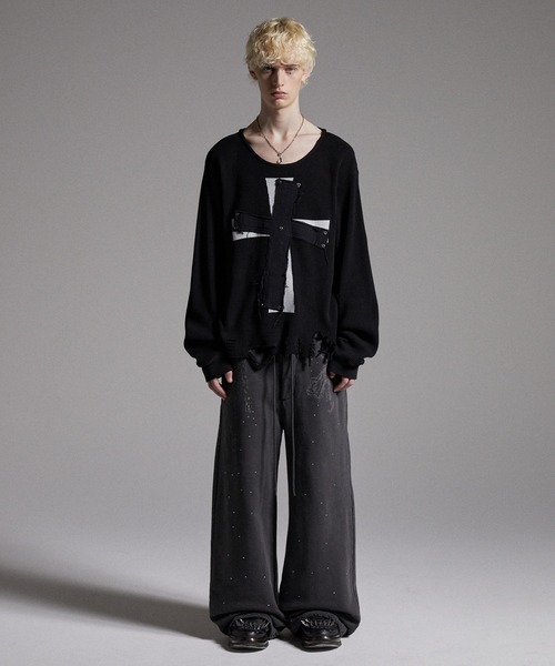 GRANCY】Rhinestone Design Layered Sweatpants / ライン