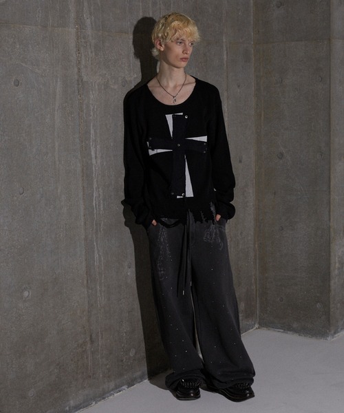 GRANCY】Rhinestone Design Layered Sweatpants / ライン
