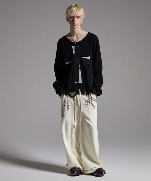 GRANCY】Rhinestone Design Layered Sweatpants / ライン