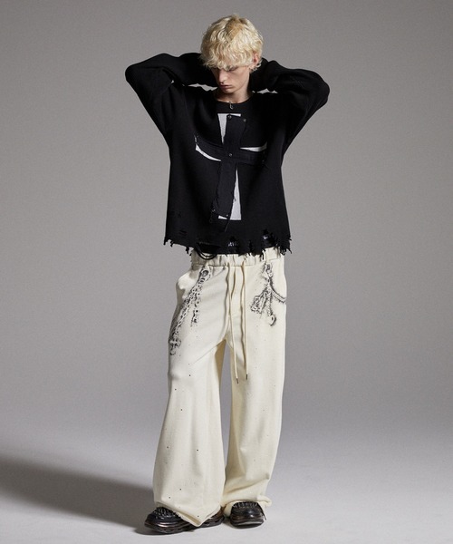 GRANCY】Rhinestone Design Layered Sweatpants / ラインストーン