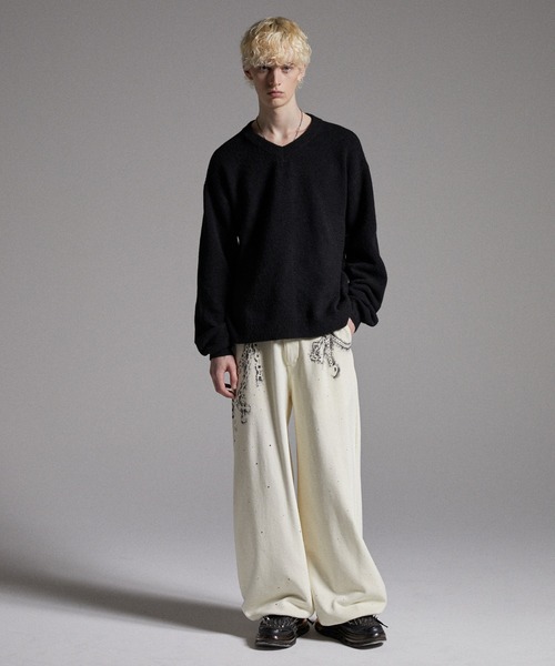 GRANCY ラインストーンデザインレイヤードスウェットパンツ ブラック GRANCY】Rhinestone Design Layered Sweatpants / ラインストーン