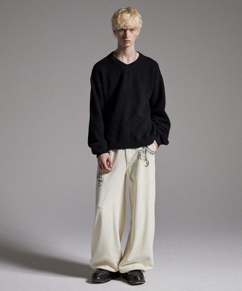 GRANCY】Rhinestone Design Layered Sweatpants / ラインストーン