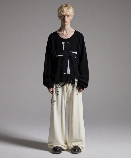 【grancy】 ラインストーンデザインレイヤードスウェットパンツ　オフホワイト GRANCY】Rhinestone Design Layered Sweatpants / ラインストーン