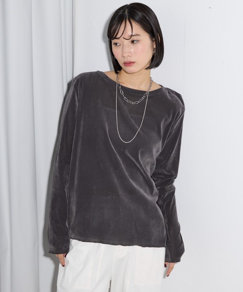 leimn(レイムン)の「ベロアTシャツ(Tシャツ/カットソー・レディース・チャコールグレー/ホワイト・M)」の2枚目の写真