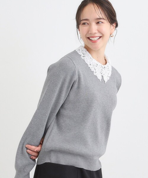 DRESKIP（ドレスキップ）の「【襟取り外し可/S-LL】上品見え レース襟ニット（ニット/セーター・レディース・グレー/アイボリー/ネイビー・04/03/02/01）」の3枚目の写真