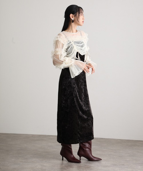 atlo(アトロ)の「結婚式 二次会 パーティー ドレス 袖あり と ミモレ丈 シャーリング ボレロ キャミワンピース2点セットセレモニー フォーマル オケージョンドレス お呼ばれ 同窓会 成人式 (ドレス・レディース・ブラック/ブラウン・L/M)」の4枚目の写真