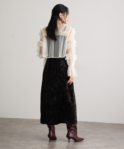 atlo(アトロ)の「結婚式 二次会 パーティー ドレス 袖あり と ミモレ丈 シャーリング ボレロ キャミワンピース2点セットセレモニー フォーマル オケージョンドレス お呼ばれ 同窓会 成人式 (ドレス・レディース・ブラック/ブラウン・L/M)」の5枚目の写真
