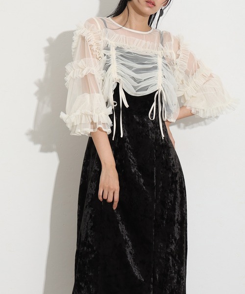 atlo(アトロ)の「結婚式 二次会 パーティー ドレス 袖あり と ミモレ丈 シャーリング ボレロ キャミワンピース2点セットセレモニー フォーマル オケージョンドレス お呼ばれ 同窓会 成人式 (ドレス・レディース・ブラック/ブラウン・L/M)」の6枚目の写真