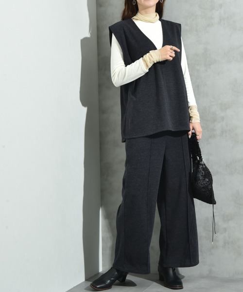 INTERPLANET（インタープラネット）の「ウールライク裏起毛セットアップ（ワンピース・レディース・ブラック/チャコールグレー・FREE）」の2枚目の写真