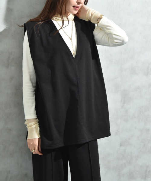 INTERPLANET（インタープラネット）の「ウールライク裏起毛セットアップ（ワンピース・レディース・ブラック/チャコールグレー・FREE）」の3枚目の写真