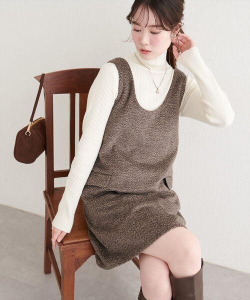 natural couture（ナチュラルクチュール）の「【WEB限定】杢調フェイクウールミニジャンスカ（ワンピース・レディース・ブラウン/グレー/チャコールグレー・FREE）」の3枚目の写真