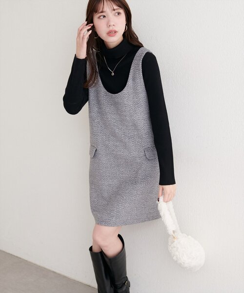 natural couture（ナチュラルクチュール）の「【WEB限定】杢調フェイクウールミニジャンスカ（ワンピース・レディース・ブラウン/グレー/チャコールグレー・FREE）」の2枚目の写真