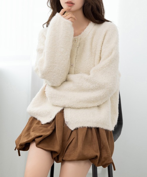 DAY CLOSET（デイ クローゼット）の「【前開き/中厚手】ふわっとあったか甘め仕上げ。長袖クリアボタンブークレニットカーディガン レディース（カーディガン/ボレロ・レディース・アイボリー・FREE）」の14枚目の写真