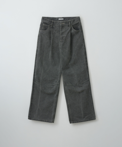 GREY DIRTY WASHED OXFORD WIDE TUCK PANTS