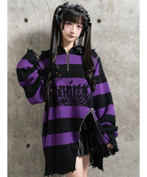 Amilige(アミリージュ)の「クロスAmilige変形ZIPニット(ニット/セーター・レディース・ブラック×ホワイト/パープル系その他/レッド系その他・FREE)」の9枚目の写真