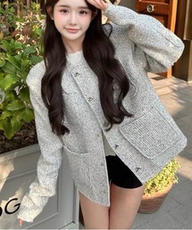 ViViDAY（ビビデー）の「【フロント立体花付き】ビッグシルエットツイードジャケット（薄手）（ノーカラージャケット）」