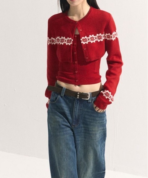 Vipoa(ヴィポア)の「2piece set cardigan(カーディガン/ボレロ・レディース・ブラック/レッド・FREE)」の1枚目の写真