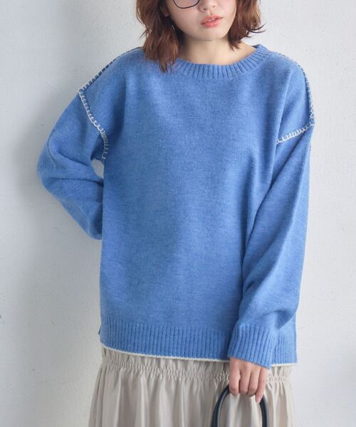RETRO GIRL(レトロガール)の「配色ステッチニット(ニット/セーター・レディース・ナチュラル/チャコールグレー/ブルー・FREE)」の3枚目の写真