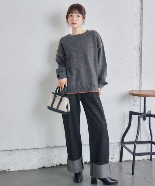 RETRO GIRL(レトロガール)の「配色ステッチニット(ニット/セーター・レディース・ナチュラル/チャコールグレー/ブルー・FREE)」の6枚目の写真