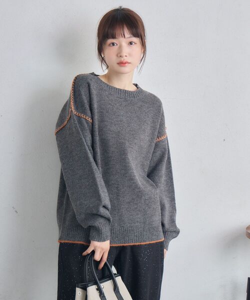 RETRO GIRL(レトロガール)の「配色ステッチニット(ニット/セーター・レディース・ナチュラル/チャコールグレー/ブルー・FREE)」の10枚目の写真