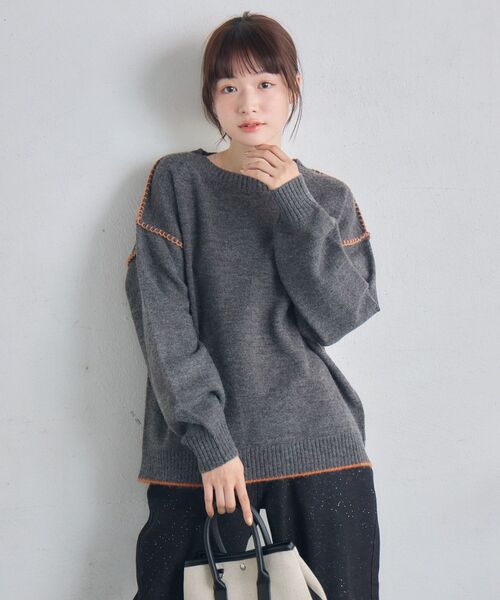 RETRO GIRL(レトロガール)の「配色ステッチニット(ニット/セーター・レディース・ナチュラル/チャコールグレー/ブルー・FREE)」の11枚目の写真