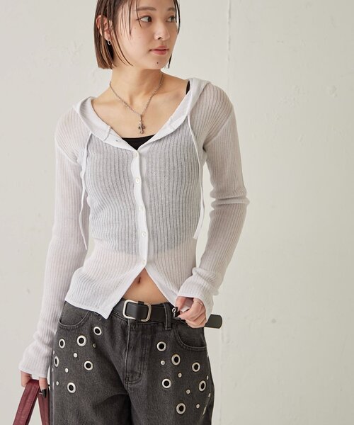 WHO'S WHO gallery（フーズフーギャラリー）の「シアーリブニットナローフーディ（カーディガン/ボレロ・レディース・イエロー/ブラック/オフホワイト/グレー・FREE）」の8枚目の写真