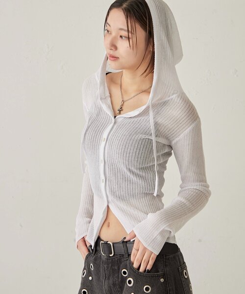 WHO'S WHO gallery（フーズフーギャラリー）の「シアーリブニットナローフーディ（カーディガン/ボレロ・レディース・イエロー/ブラック/オフホワイト/グレー・FREE）」の9枚目の写真