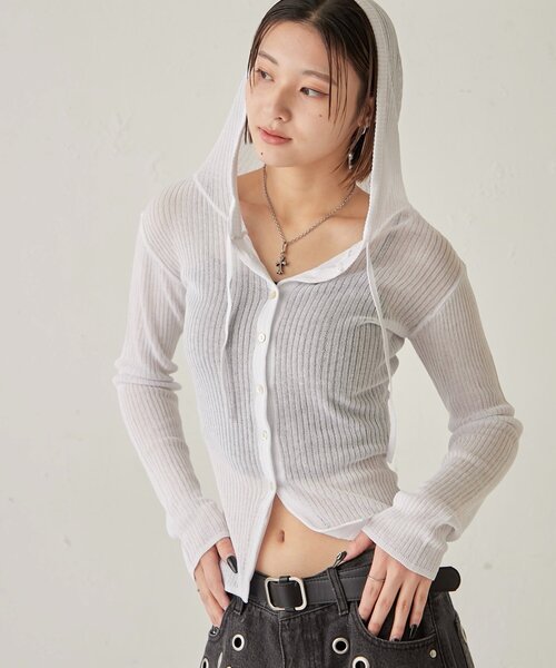 WHO'S WHO gallery（フーズフーギャラリー）の「シアーリブニットナローフーディ（カーディガン/ボレロ・レディース・イエロー/ブラック/オフホワイト/グレー・FREE）」の10枚目の写真