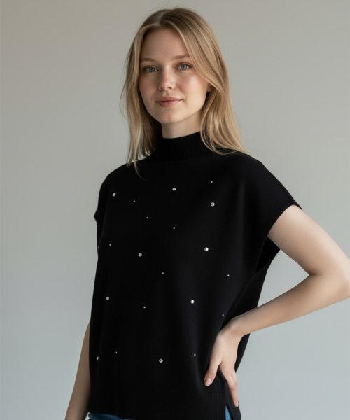 BORN SLIPPY(ボーンスリッピー)の「Soft Crystal Drift Mock Neck Knit (Black)(ベスト・レディース・その他・FREE)」の2枚目の写真