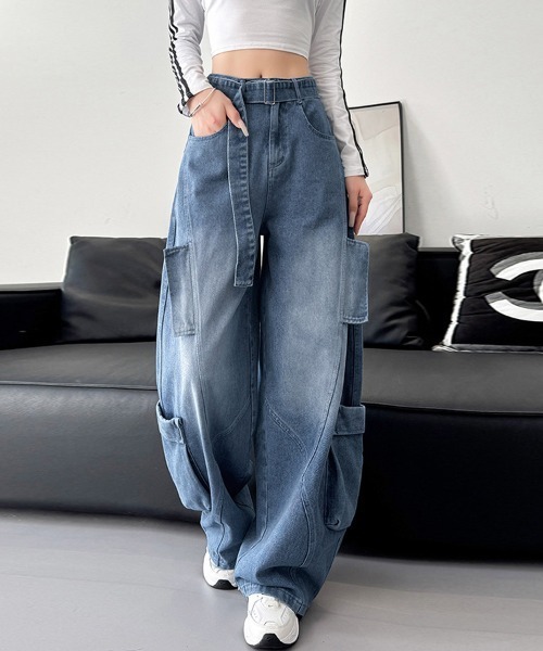 ONEP STAR（ワンピスター）の「ワイドカーゴデニムパンツ（デニムパンツ・レディース・ブルー/ブラック・X-LARGE/LARGE/MEDIUM/SMALL）」の7枚目の写真