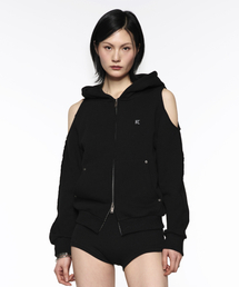 Offset Cutout Zip Up Hoodie - Black