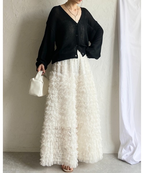 She's Closet(シーズクローゼット)の「Aラインフレアロング丈 フリル ボリューム チュール ティアードスカート(スカート・レディース・ブラック/オフホワイト/グレー・FREE)」の6枚目の写真