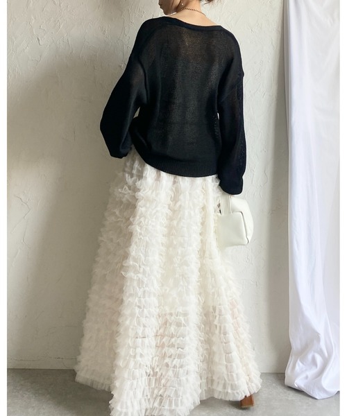 She's Closet(シーズクローゼット)の「Aラインフレアロング丈 フリル ボリューム チュール ティアードスカート(スカート・レディース・ブラック/オフホワイト/グレー・FREE)」の7枚目の写真
