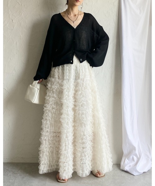 She's Closet(シーズクローゼット)の「Aラインフレアロング丈 フリル ボリューム チュール ティアードスカート(スカート・レディース・ブラック/オフホワイト/グレー・FREE)」の8枚目の写真