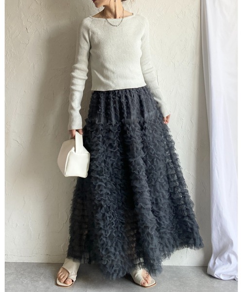 She's Closet(シーズクローゼット)の「Aラインフレアロング丈 フリル ボリューム チュール ティアードスカート(スカート・レディース・ブラック/オフホワイト/グレー・FREE)」の9枚目の写真