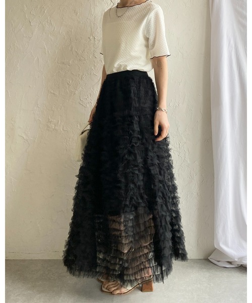 She's Closet(シーズクローゼット)の「Aラインフレアロング丈 フリル ボリューム チュール ティアードスカート(スカート・レディース・ブラック/オフホワイト/グレー・FREE)」の13枚目の写真