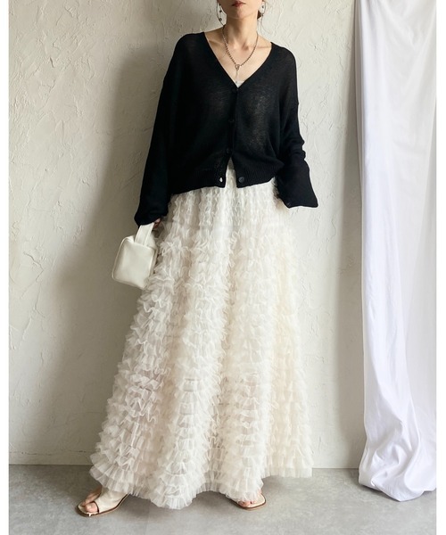 She's Closet(シーズクローゼット)の「Aラインフレアロング丈 フリル ボリューム チュール ティアードスカート(スカート・レディース・ブラック/オフホワイト/グレー・FREE)」の15枚目の写真