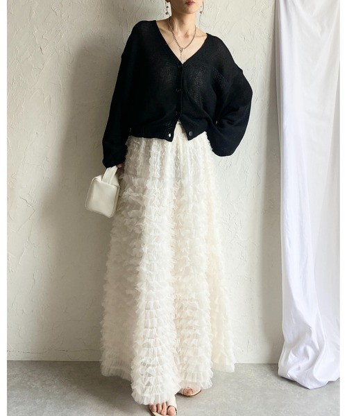 She's Closet(シーズクローゼット)の「Aラインフレアロング丈 フリル ボリューム チュール ティアードスカート(スカート・レディース・ブラック/オフホワイト/グレー・FREE)」の21枚目の写真