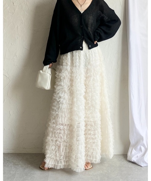 She's Closet(シーズクローゼット)の「Aラインフレアロング丈 フリル ボリューム チュール ティアードスカート(スカート・レディース・ブラック/オフホワイト/グレー・FREE)」の22枚目の写真