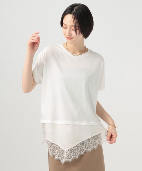 BAYFLOW（ベイフロー）の「アシメレースヘム半袖Tシャツ（Tシャツ/カットソー・レディース・オフホワイト/チャコール/ベージュ・FREE）」の2枚目の写真