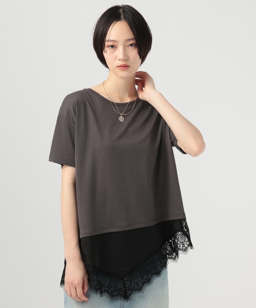 BAYFLOW（ベイフロー）の「アシメレースヘム半袖Tシャツ（Tシャツ/カットソー・レディース・オフホワイト/チャコール/ベージュ・FREE）」の3枚目の写真