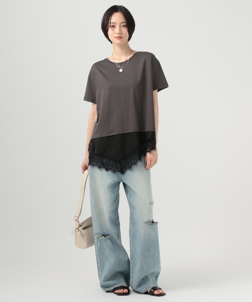 BAYFLOW（ベイフロー）の「アシメレースヘム半袖Tシャツ（Tシャツ/カットソー・レディース・オフホワイト/チャコール/ベージュ・FREE）」の15枚目の写真