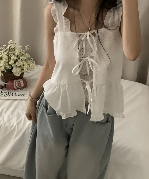 Aelina(エリナ)の「フリルノースリーブトップス(ベスト・レディース・ネイビー/ホワイト・FREE)」の22枚目の写真