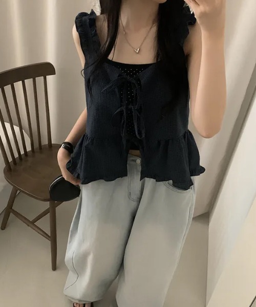 Aelina(エリナ)の「フリルノースリーブトップス(ベスト・レディース・ネイビー/ホワイト・FREE)」の17枚目の写真