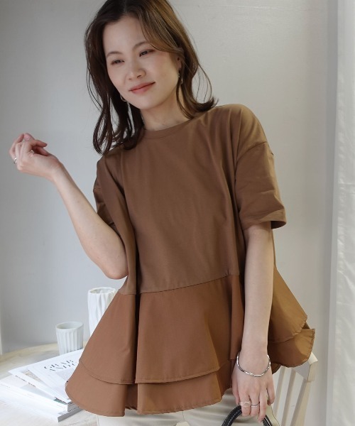 CORNERS(コーナーズ)の「【機能素材】ペプラムフレアTシャツ【接触冷感】【UV加工】【吸水速乾】(Tシャツ/カットソー・レディース・ブルー/ブラック/ホワイト/キャメル・M)」の9枚目の写真