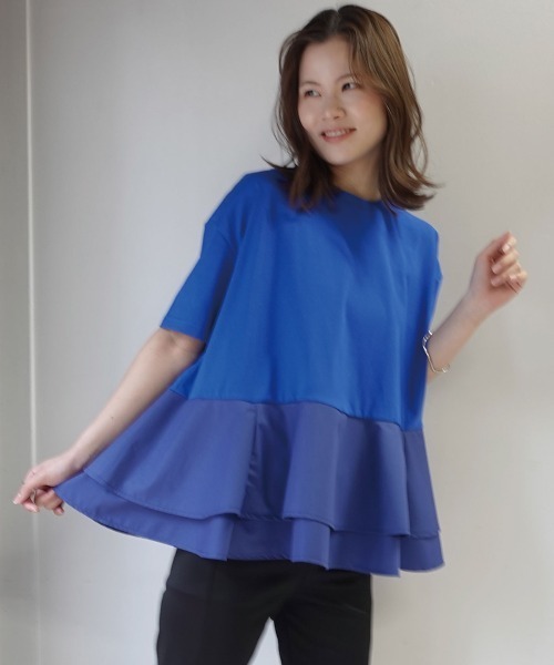 CORNERS(コーナーズ)の「【機能素材】ペプラムフレアTシャツ【接触冷感】【UV加工】【吸水速乾】(Tシャツ/カットソー・レディース・ブルー/ブラック/ホワイト/キャメル・M)」の16枚目の写真